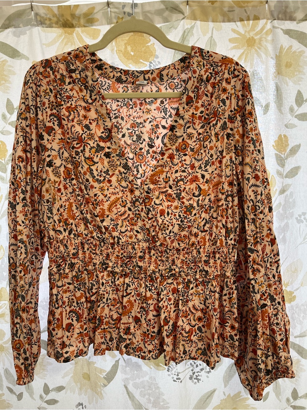 Old Navy Peach Floral Smocked Waist Long-Sleeve Blouse